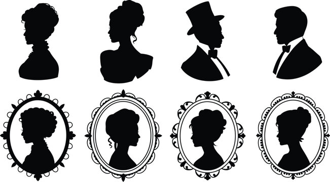 Minimalist vintage silhouette portrait collection featuring classic Victorian men and women busts inside decorative oval frames for cameo design.