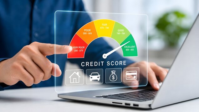 Credit score meter on holographic screen showing excellent rating with hand pointing.