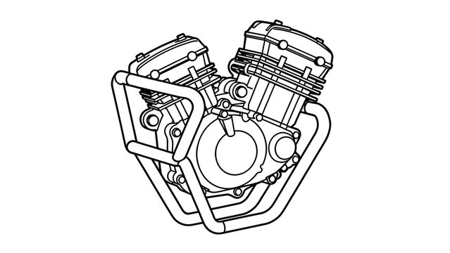 Motorcycle engine technical drawing white background.