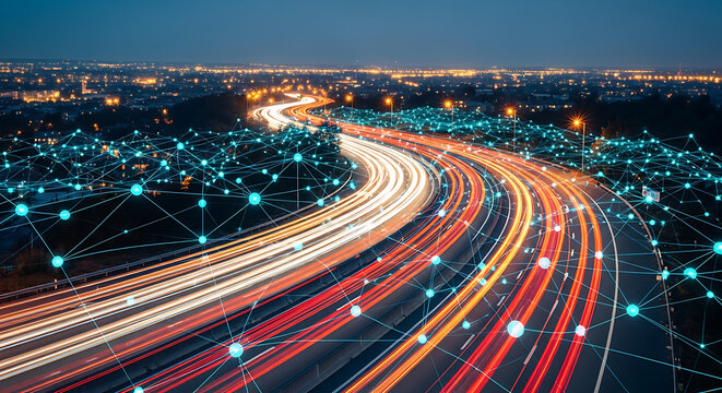 Abstract digital network overlay on a busy highway with light trails at night.
