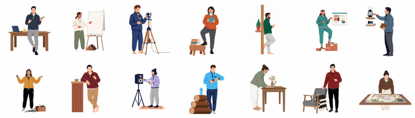 Diverse collection of flat vector characters in professional yet comfortable home office settings, engaged in activities like presenting, filming, designing, and remote work. © michael