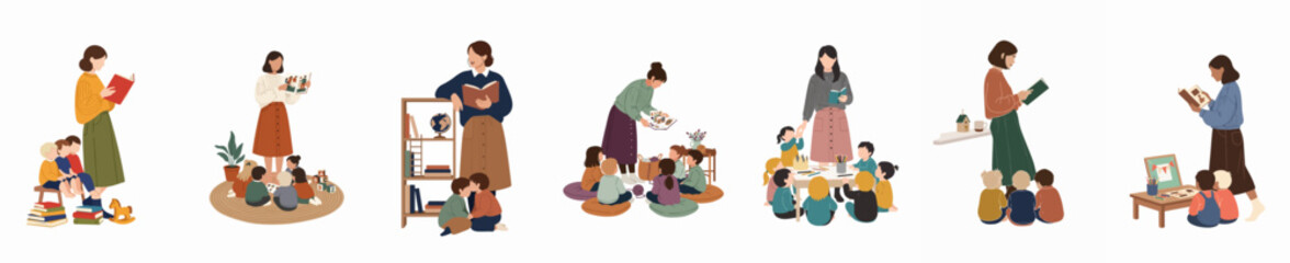 Flat vector illustrations of preschool teachers reading stories, teaching, and engaging in creative activities with groups of diverse young children in a classroom. © james