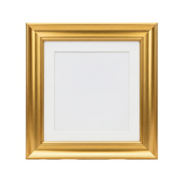A gold ornate picture frame with a white matte on a plain white background.