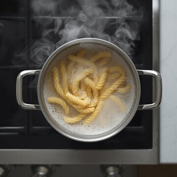 Pasta cooking in boiling water with steam rising in a modern kitchen
