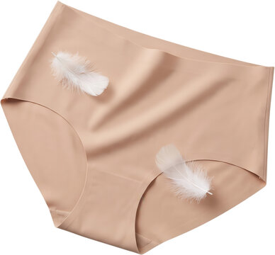Nude seamless women underwear panties decorated with two soft delicate white bird feathers lying flat clothing beige lingerie apparel fabric garment textile fluff smooth light