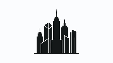 Fototapeta premium Minimalist black silhouette of a modern city skyline with various tall buildings and skyscrapers against a white background, representing urban development and architecture.