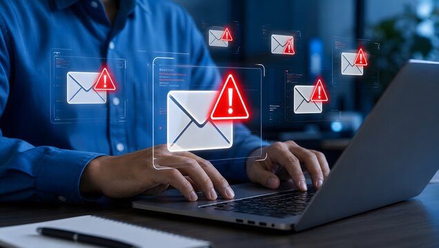Man typing on laptop with red warning signs and email icons popping up, concept of email spam phishing cyber security threats.