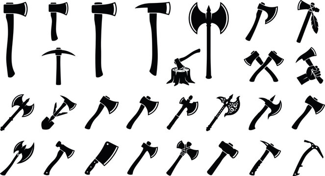 Axe hatchet and tactical blade black silhouette collection featuring double-headed battleaxes pickaxes fireman axes tomahawks meat cleavers and woodcutting lumberjack tools vector