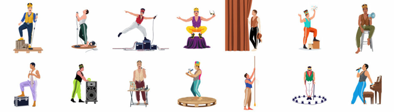 Set of drag performer illustrations in various poses and outfits, featuring singing, stage performance, and backstage preparations, in a flat design style.