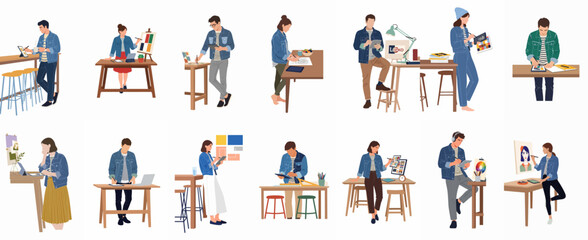 Fototapeta premium Collection of diverse creative professionals, artists, and designers working on digital and traditional projects in a flat illustration style.
