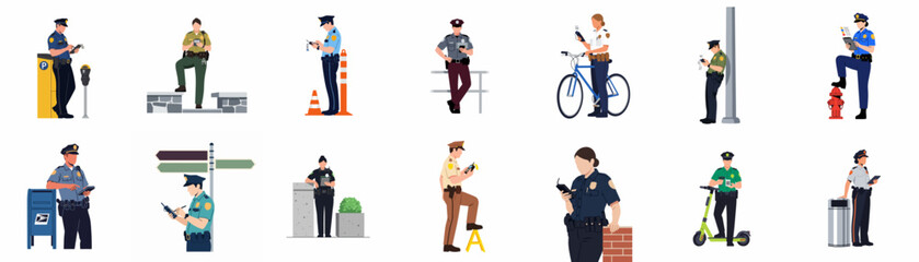Vector illustration set of police and traffic enforcement officers using digital handheld devices for ticketing and reporting in various urban environments. © Cheryl