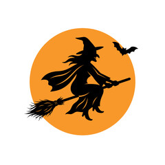 Fototapeta premium Flying Witch Silhouette Halloween Vector with Bat and Full Moon, Isolated on White