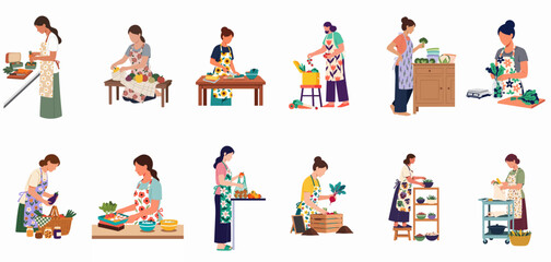 Fototapeta premium Set of flat vector illustrations featuring women in floral aprons engaged in gardening, healthy cooking, and sustainable food preparation activities.