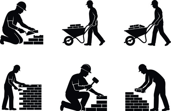 Construction worker and bricklayer silhouette set building brick wall with tools and wheelbarrow