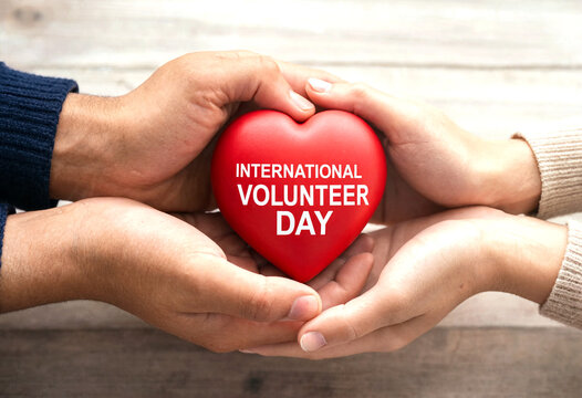 Caring hands holding a red heart with international volunteer day text showing support and kindness