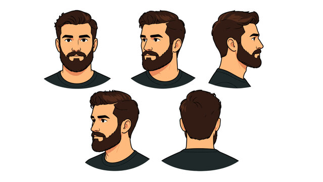 Bearded man head character turnaround with multiple views