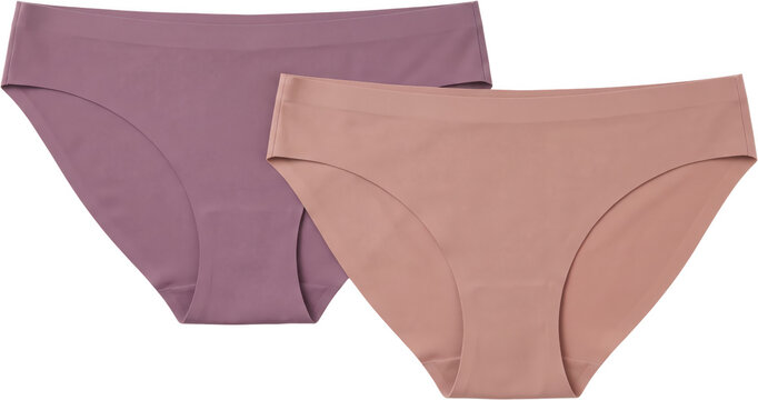 Two pairs of comfortable seamless women briefs in nude and purple shades laid out flat showcasing modern minimalist intimate apparel design and smooth elastic fabric construction details