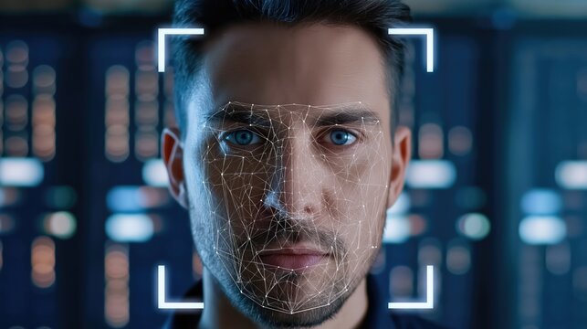 Man's face undergoing biometric facial recognition scan with digital wireframe overlay