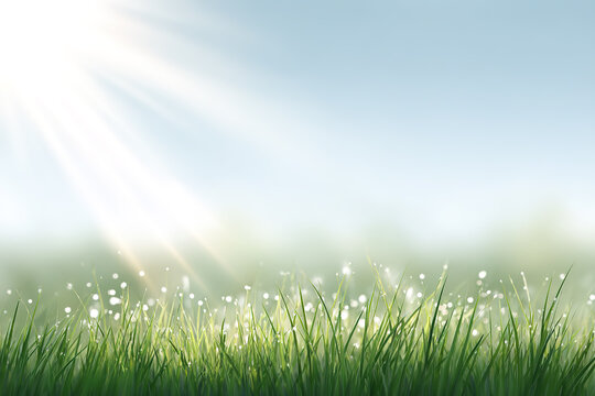 Close-up of dewdrops on the lawn under the summer sun, fresh wind illustration	