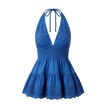 Blue embroidered halter neck mini dress with tiered skirt isolated on transparent background