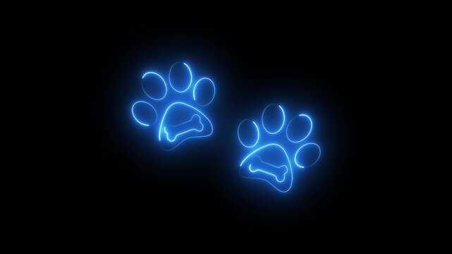 Glowing blue neon dog paw prints on dark background