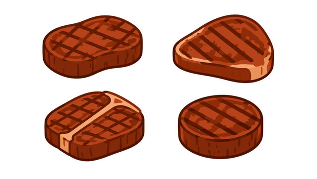 Set of grilled steak cuts illustrated on white background