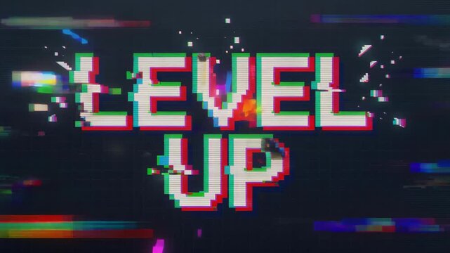 Retro pixel art level up text with glitch effect on dark background for gaming and digital progress concept