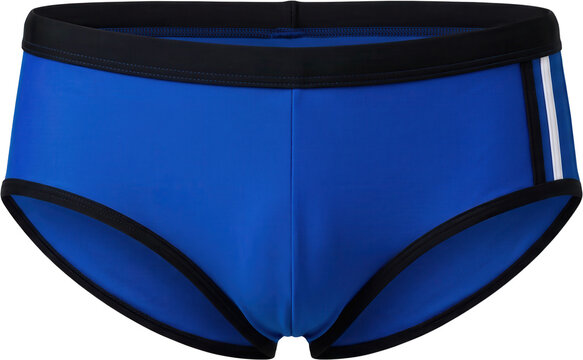 Bright blue mens swim briefs with black waistband and side stripes displayed as a studio product shot showcasing athletic swimwear style and stretch fabric texture details