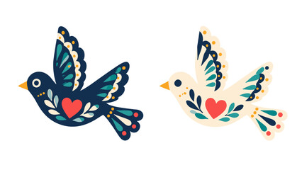 Decorative folk art birds with heart motifs on white background © Artstock