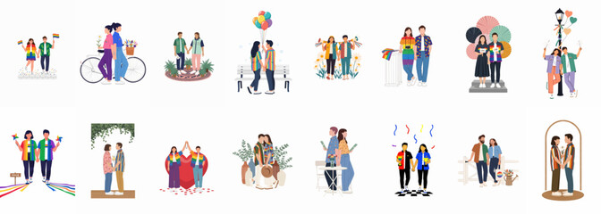 Fototapeta premium Set of flat vector illustrations depicting diverse couples celebrating LGBTQ+ Pride Month with rainbow-themed clothing, accessories, and joyful activities.