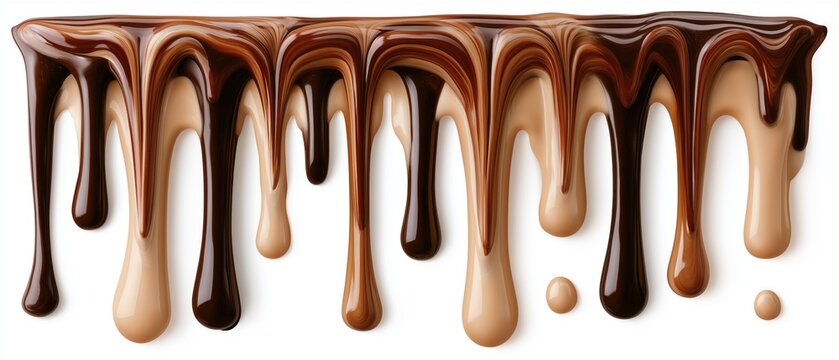 Chocolate and caramel drips forming a glossy abstract background on a white surface with flowing dessert textures and space for packaging or menu design.