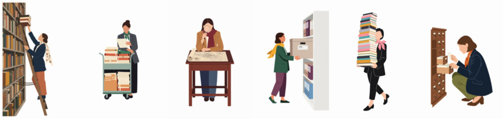 Obraz premium Set of flat illustrations of women working in a library or archive, performing tasks like organizing books, researching maps, and managing records.