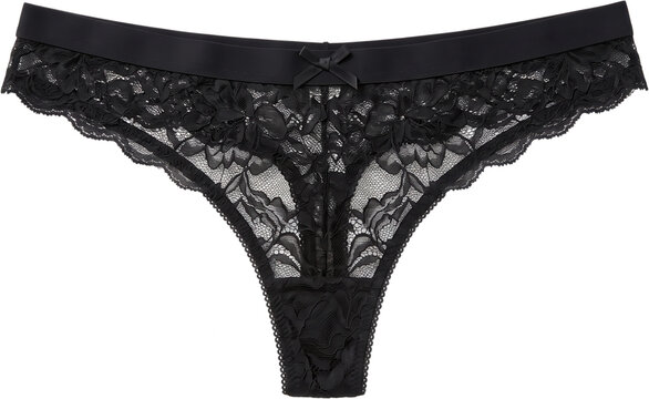 Elegant black lace thong underwear featuring delicate floral patterns a satin waistband and a charming small bow ornament centered at the front creating a sophisticated look