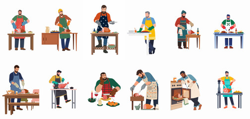 Fototapeta premium Set of diverse men in aprons preparing and carving roasted hams for festive holiday meals and family dinners, flat vector illustration.