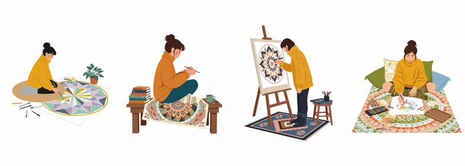 Fototapeta premium Set of illustrations of young women practicing art therapy by drawing and painting colorful mandalas in various cozy home settings.