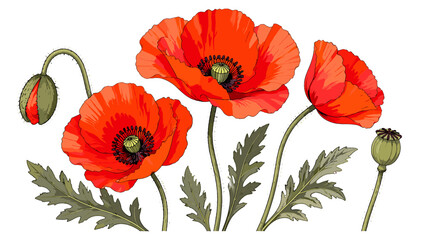 Obraz premium Red poppy flowers with buds and seed pod botanical vector