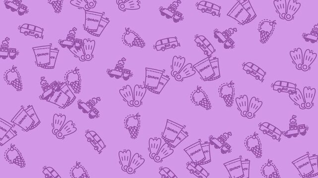 Summer vacation elements like ice cream and flippers create a purple background pattern.