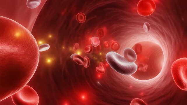 Close-up view of red blood cells flowing inside a healthy human blood vessel in vibrant red tones