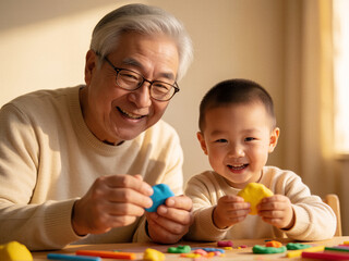 Obraz premium Grandfather and grandson playing with colorful modeling clay
