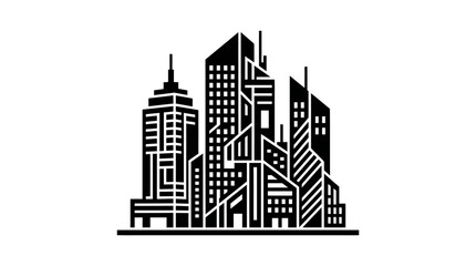 Naklejka premium Stylized black and white illustration of a modern city skyline with geometric buildings and abstract architectural details.
