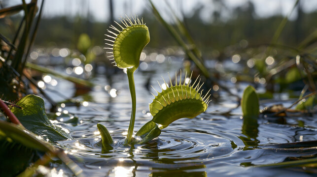A Venus flytrap with its sealed leaf chamber in a swamp, macro view.