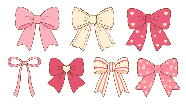 Set of cute pink and cream decorative bow ribbon illustrations