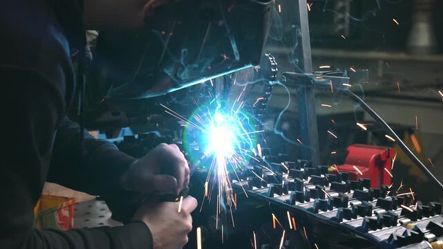 An engineer welds a frame, gear sprocket, and chassis for a homemade scooter/snowmobile with a small trailer.