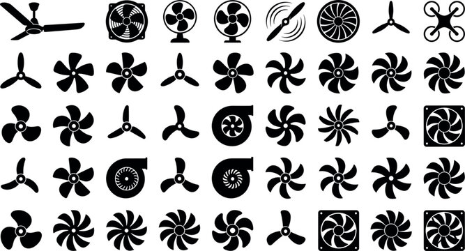 Comprehensive industrial cooling fan and propeller black silhouette icon collection featuring ceiling fans desk fans quadcopter drone rotors turbochargers and ventilation exhaust blowers vector