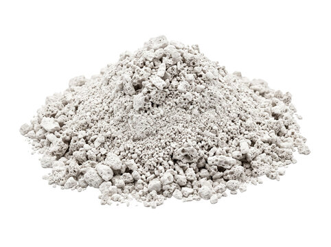 White pumice granules pile isolated on black background for gardening soil additive material, aggregate mineral stones, crushed rock absorbent, porous volcanic stone texture for industrial use detail