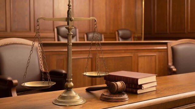 Justice scales gavel and law books in courtroom legal concept with wooden furniture and chairs