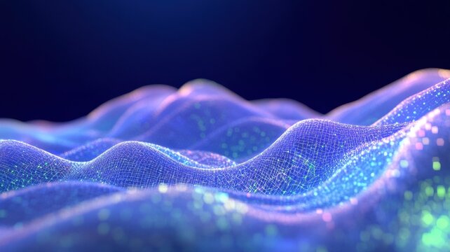 Glowing mesh wave landscape with dynamic 3D elements and vibrant color contrasts