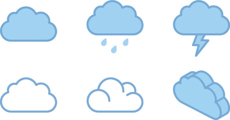 Fototapeta premium Set of stylized cloud icons depicting weather conditions like rain and lightning, isolated on a white background