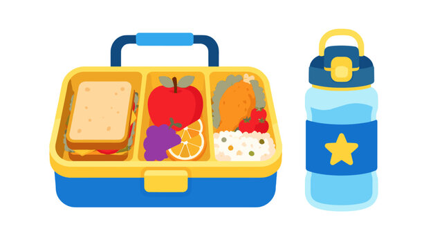 Colorful lunch box with sandwich fruit rice and water bottle