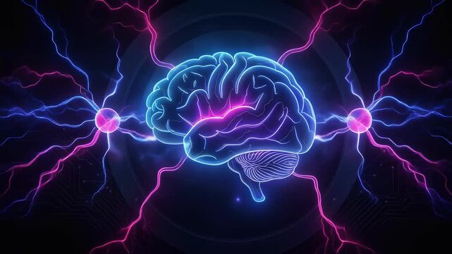 Glowing human brain with electric neural connections in vibrant blue and purple colors